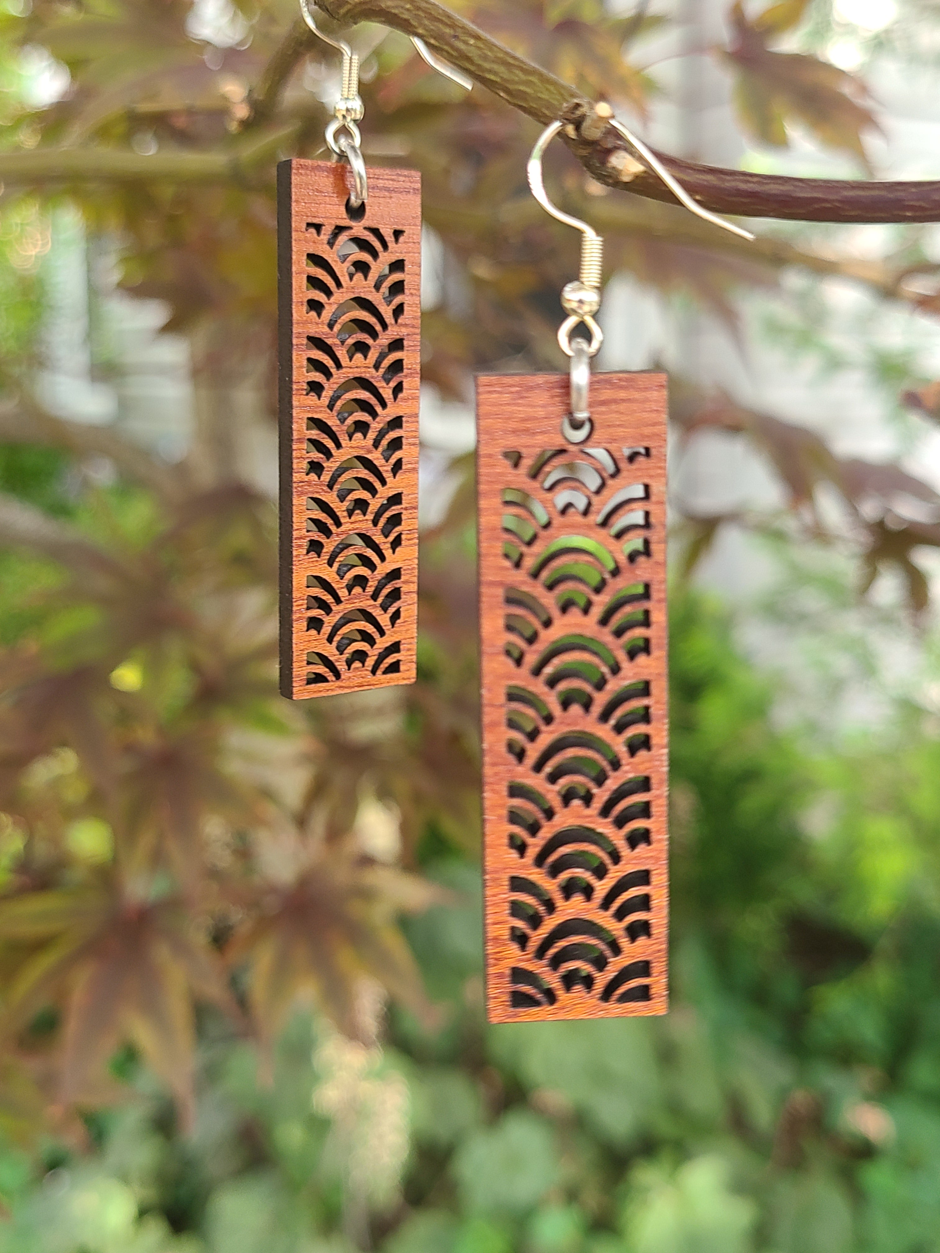 Red and Gold Wave Japanese Paper and Wood Earrings