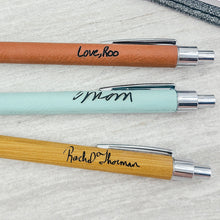 Load image into Gallery viewer, Personalized Handwriting Engraved Pen | Faux Leather Pen with Handwriting | Custom Writing Utensil Handwriting Engraved | Mother's Day Gift