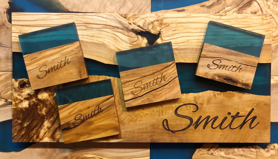 Personalized Olive Wood and Resin Cutting Board or Coaster Set